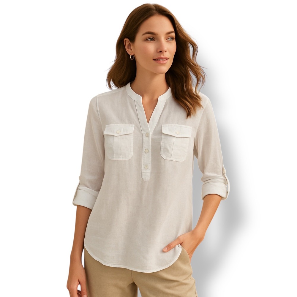 Talbots Women White Linen Popover Shirt XS Roll Tab Sleeve Minimalist Preppy